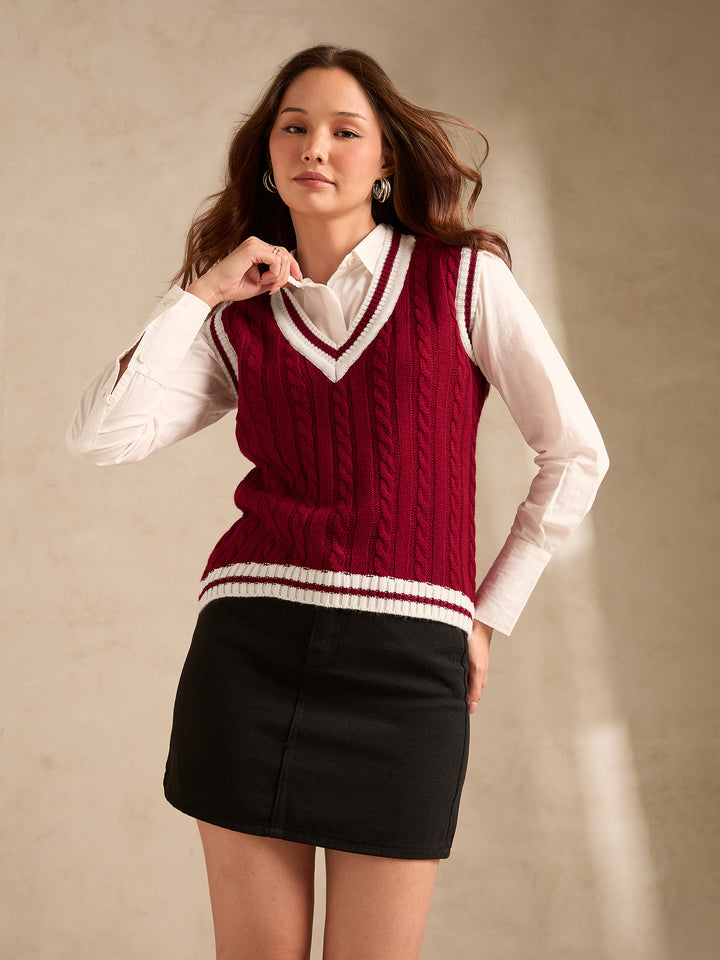 Red Varsity Contrast Tipping Sweater