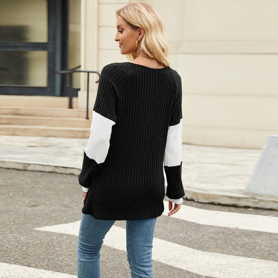 Black Full Sleeves Colour Block V Neck Top