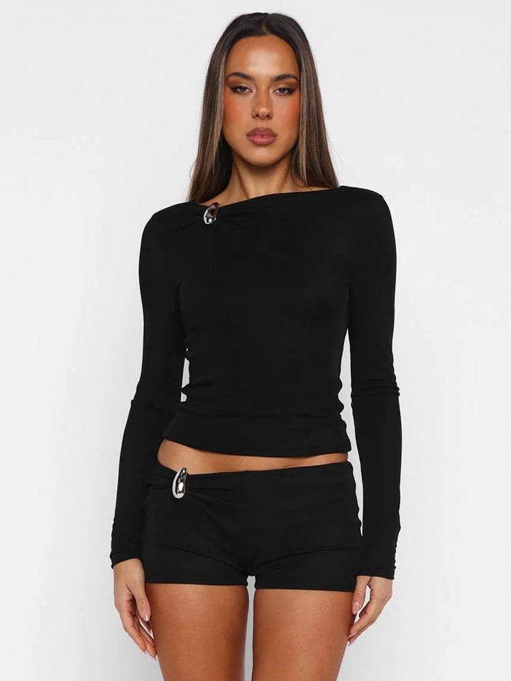 Black Full Sleeve Buckle Detail Top