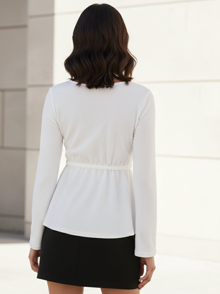 White Deep Round Neck Peplum Top With Full Sleeves