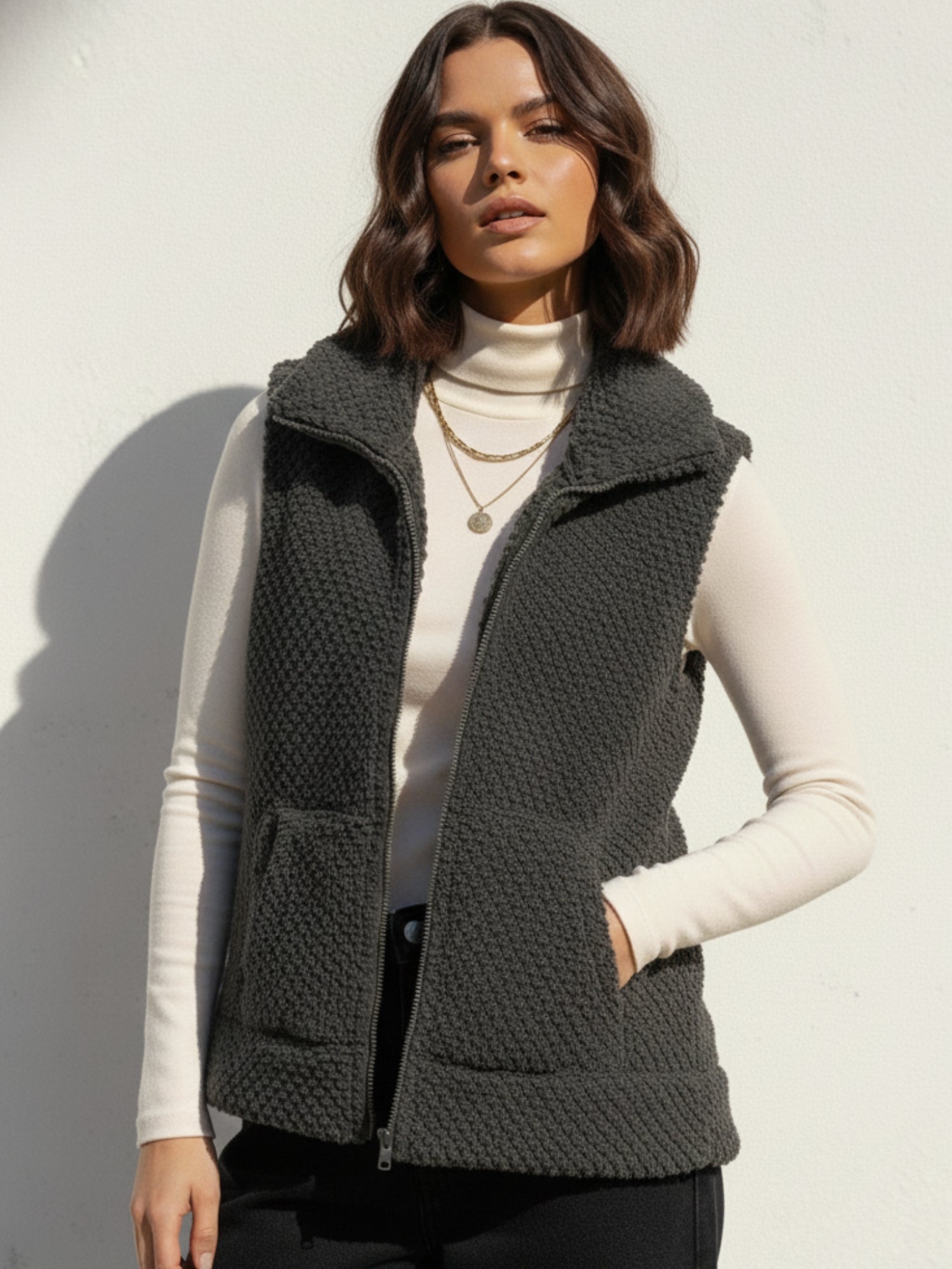 Grey Sleeveless Zip Front Textured Jacket