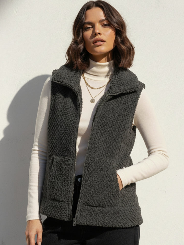 Grey Sleeveless Zip Front Textured Jacket
