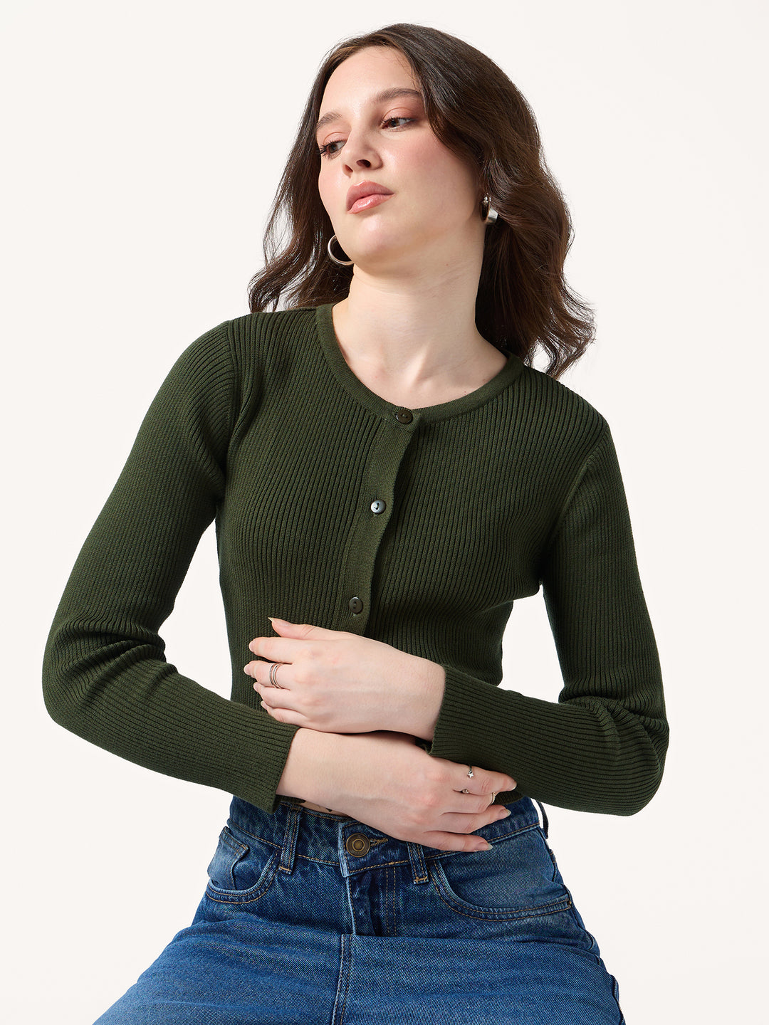 Olive Flat Knit Button Down Knit Top