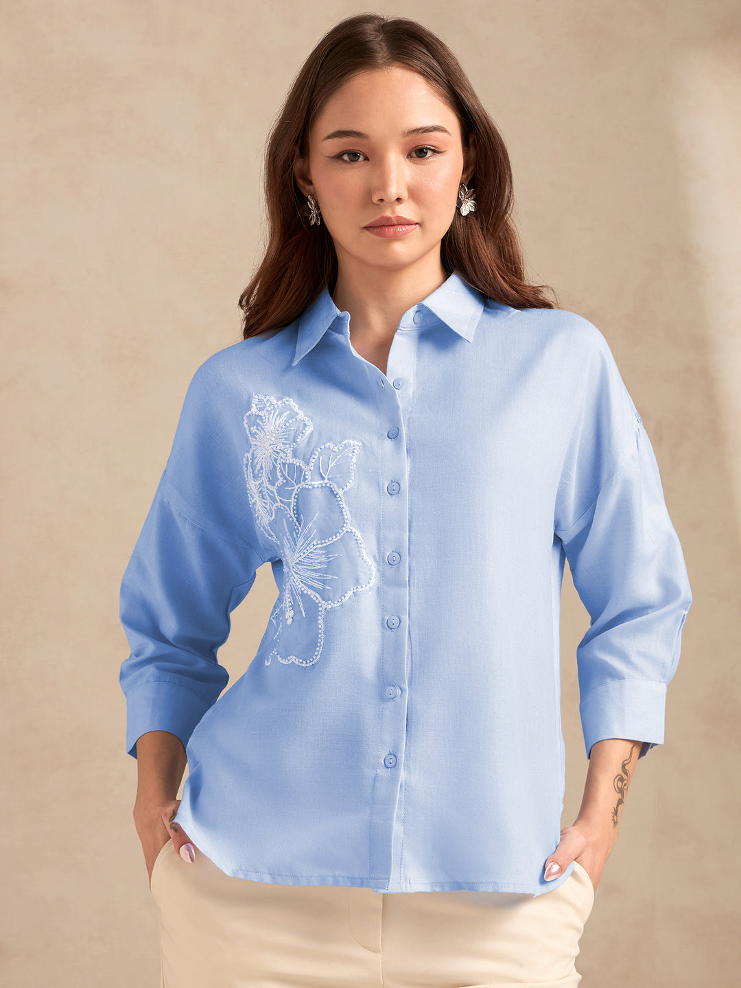 Blue Floral Embroidered Applique Shirt