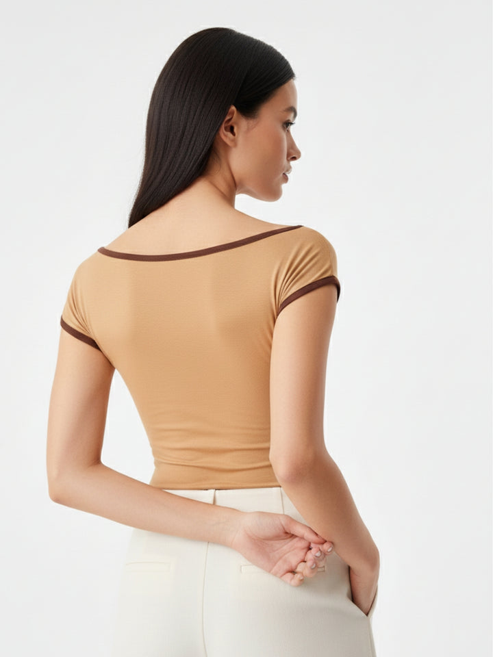 Beige Off-Shoulder Contrast Rib Knit Top