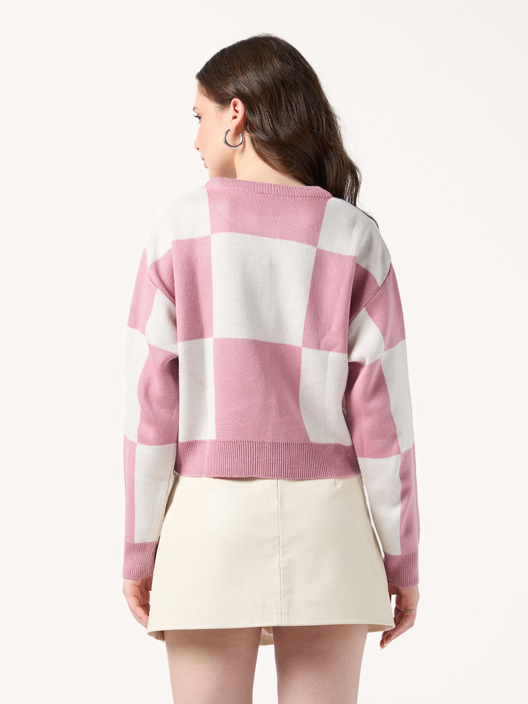 Pink Colour Block Checkered Sweater