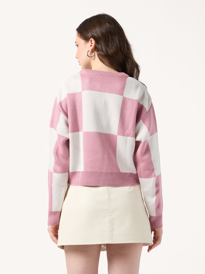Pink Colour Block Checkered Sweater