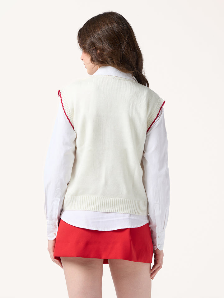 Off White Sleeveless Contrast Rib Sweater