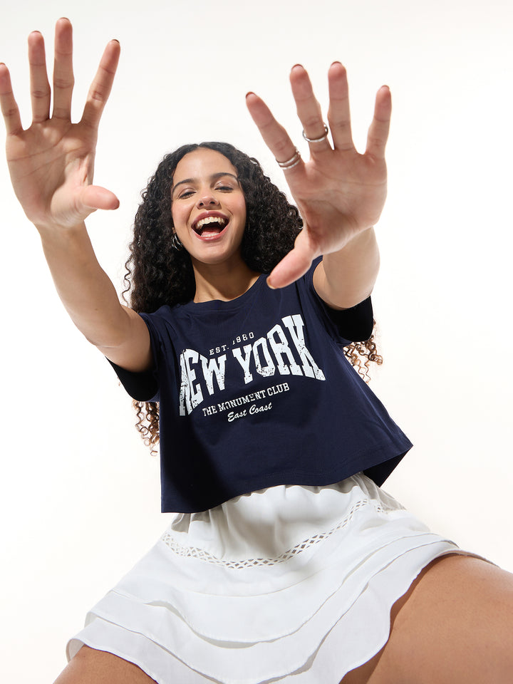 Navy Blue Cropped Boxy T-shirt With Graphic