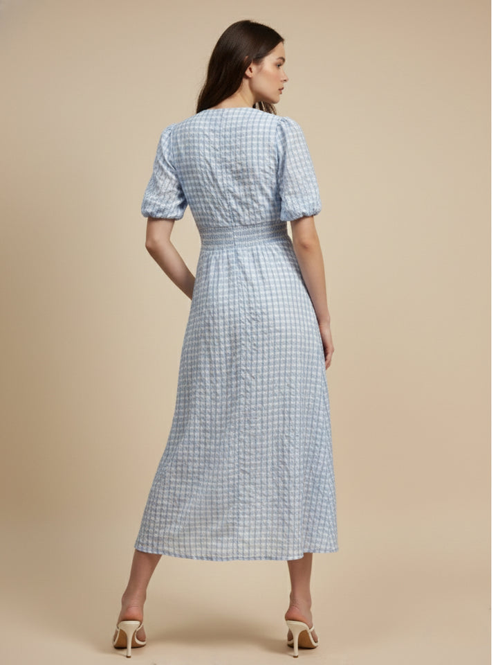 Blue Plunge Neck Puff Sleeved Dress