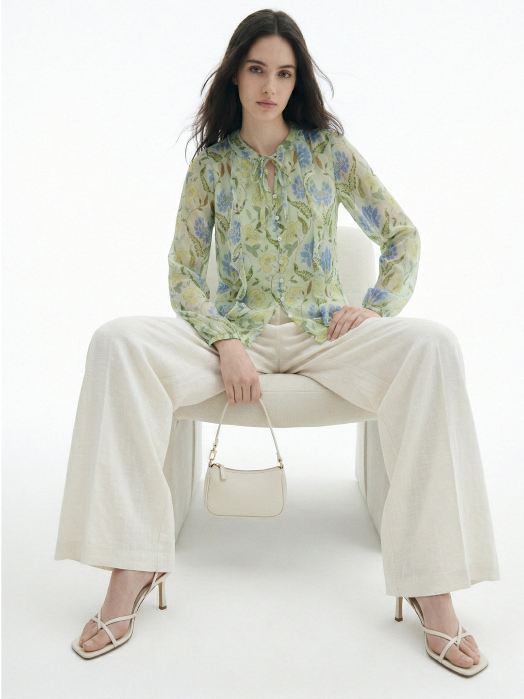 Green Printed With Ruffle Details Blouse