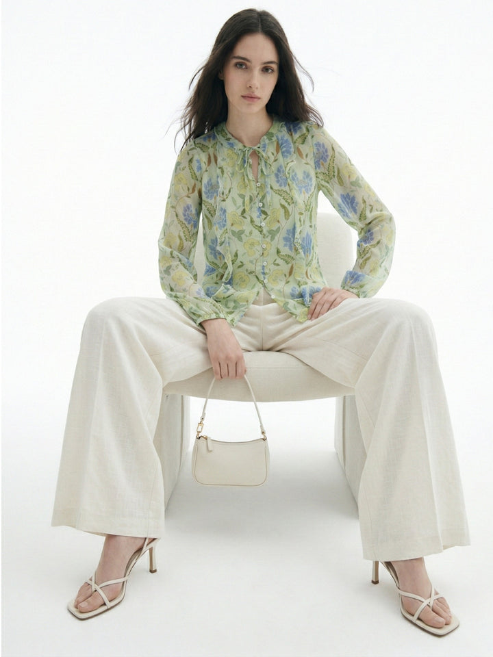 Green Printed With Ruffle Details Blouse