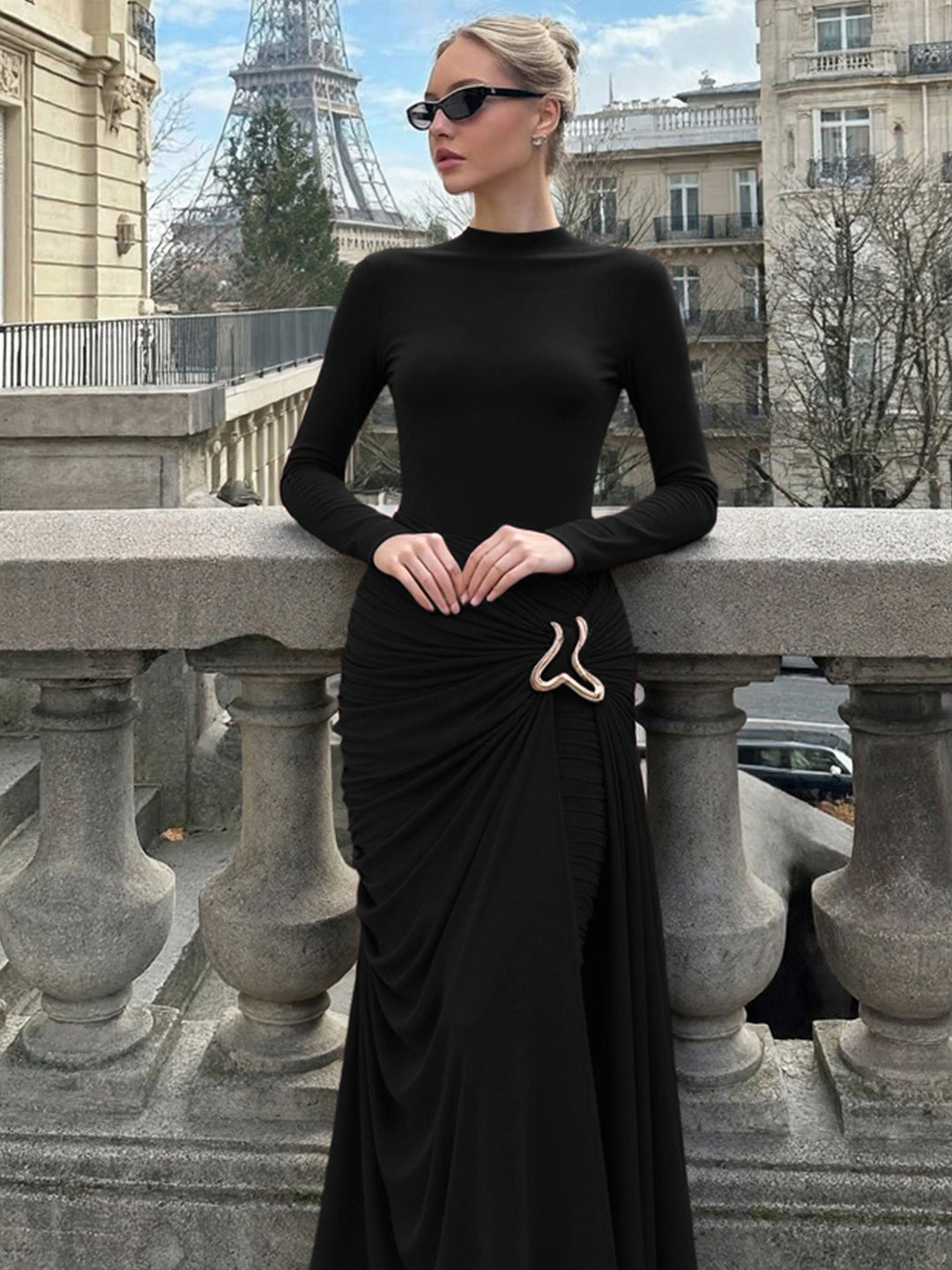 Black Full Sleeve Waist Buckle Detail Dress