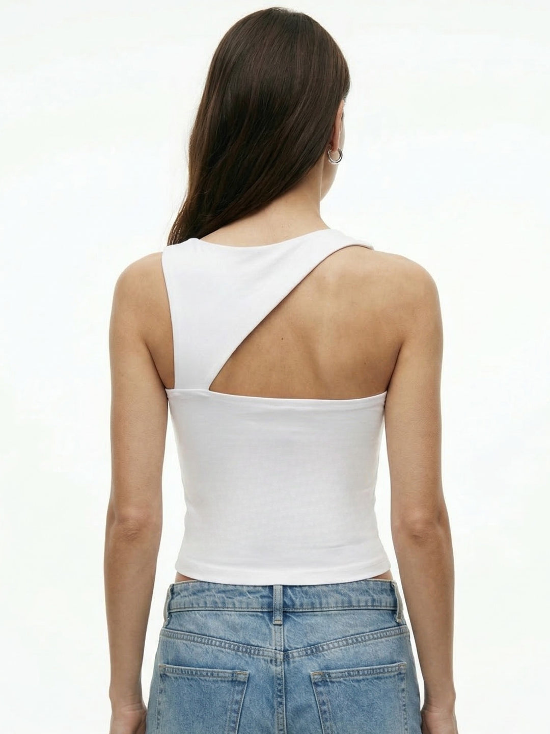 White Asymmetric Neckline Fitted Top