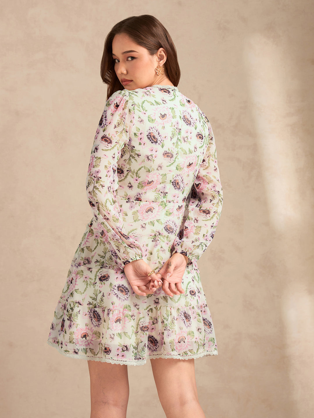 Multi Floral Printed Dress With Lace Detailing