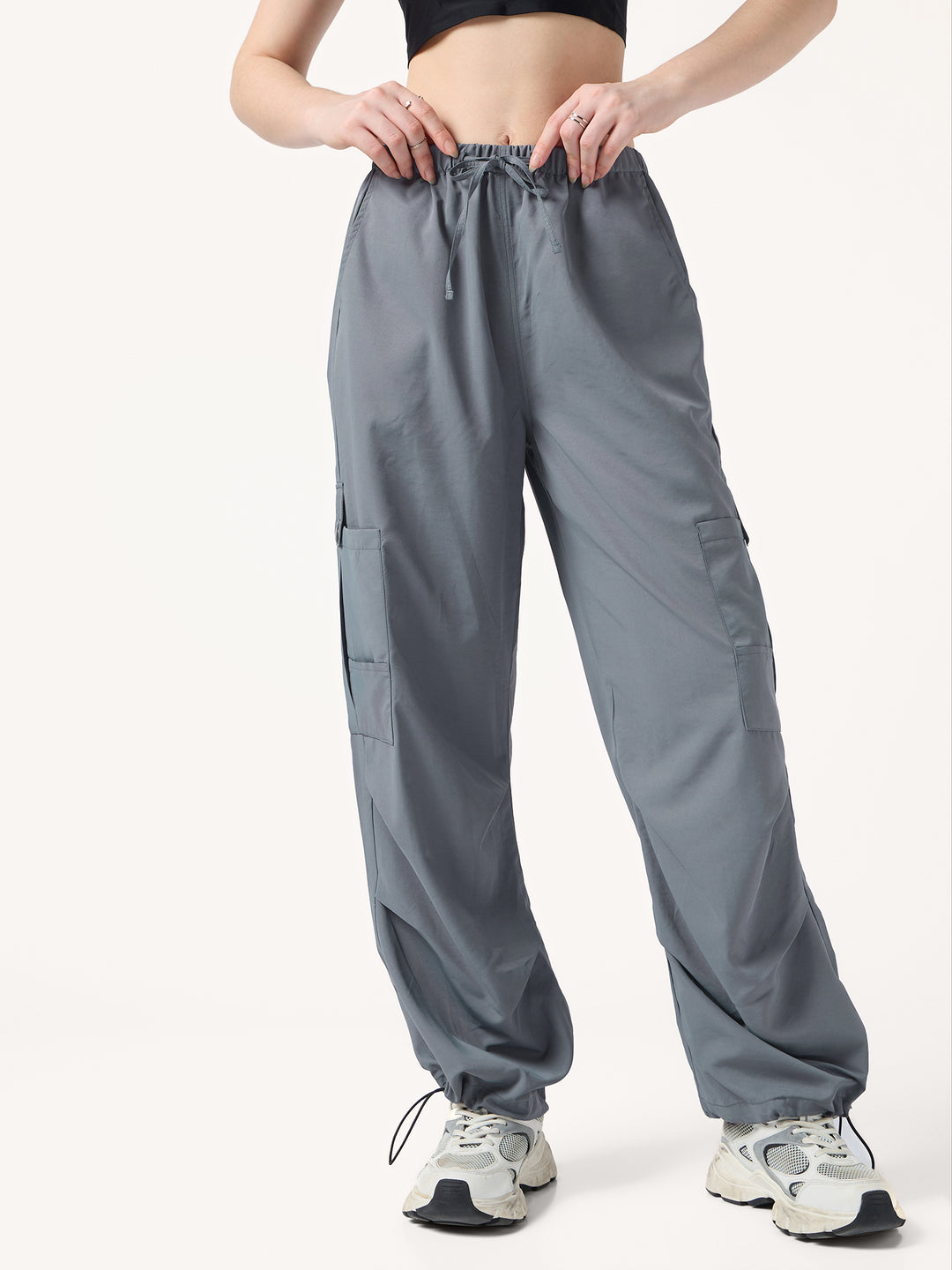 Grey Cargo Pockets Drawstring Wid Leg Trouser