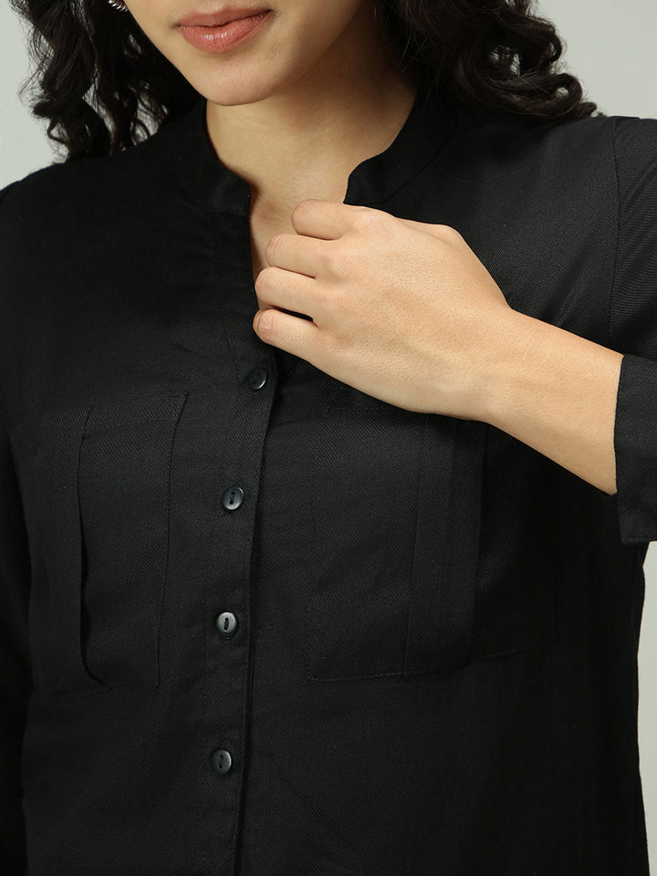 Black Solid V Neck Shirt