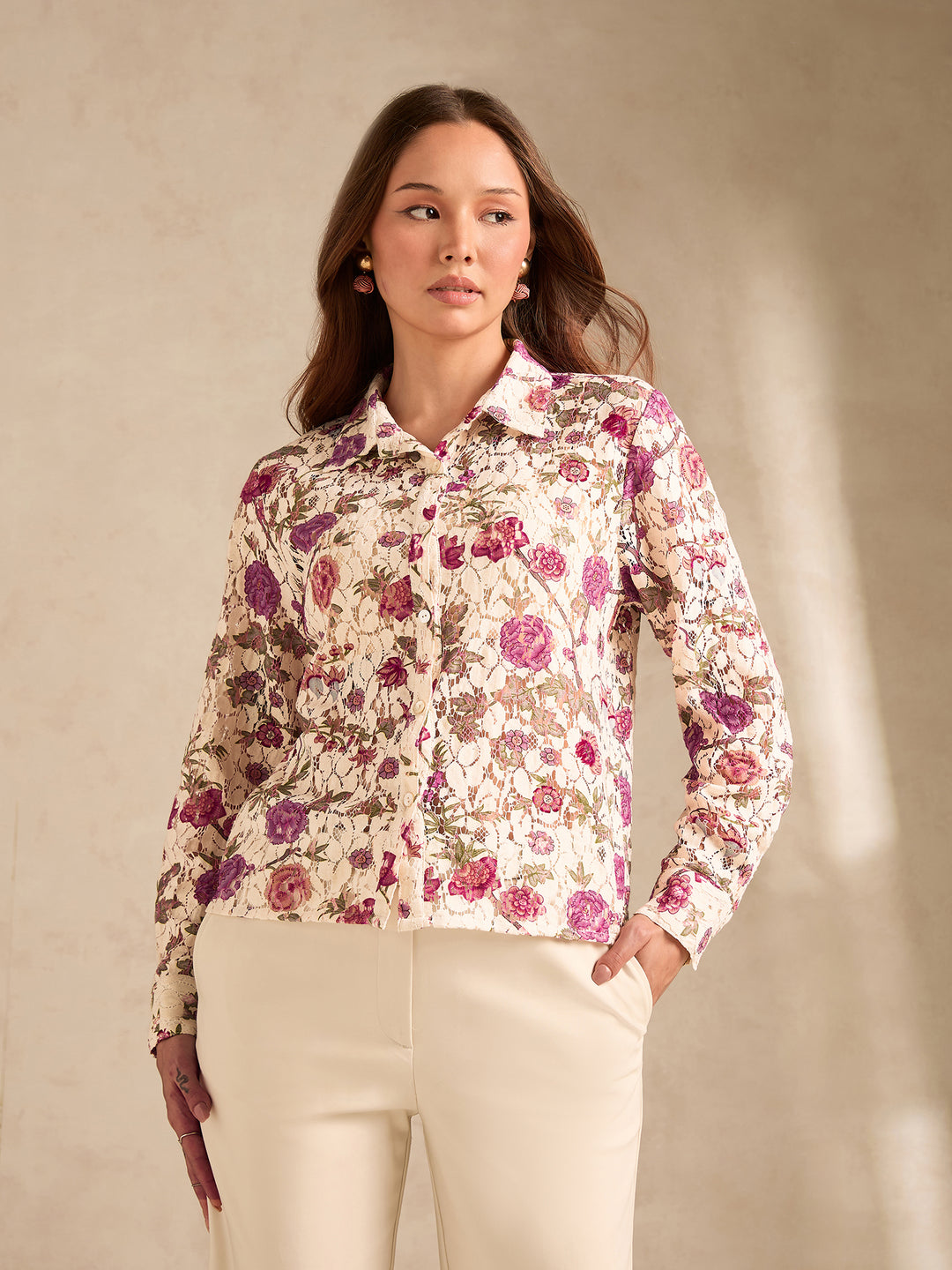 Multi Womens Shirt With Printed Lace Fabric