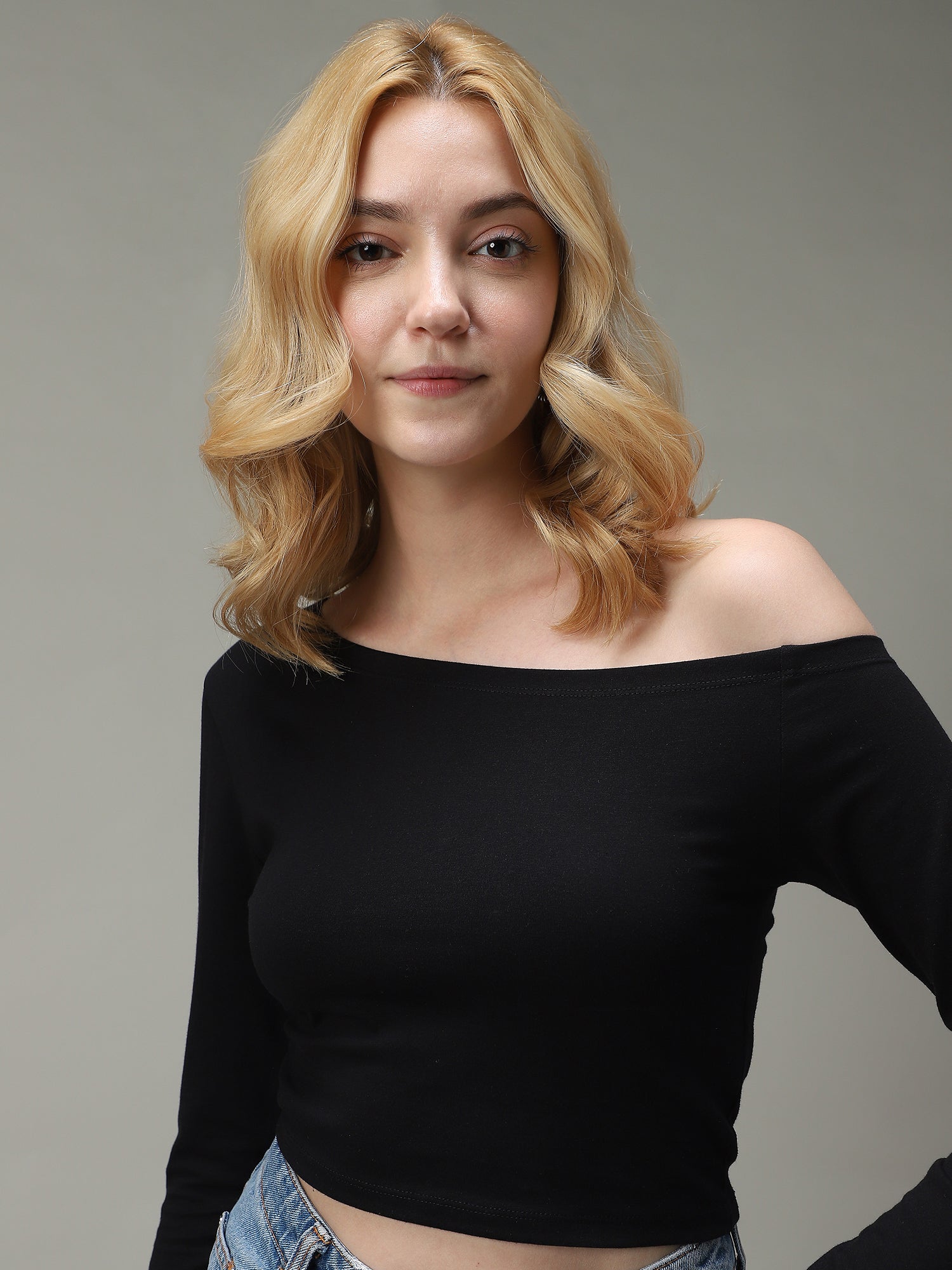Black Off-Shoulder Fitted Top