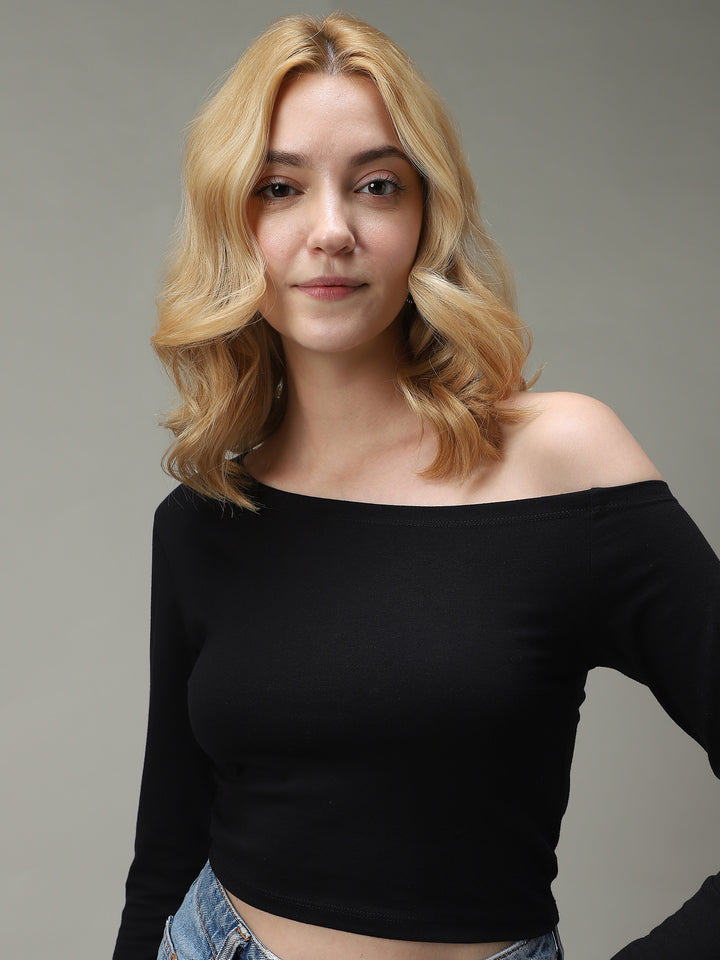 Black Off-Shoulder Fitted Top
