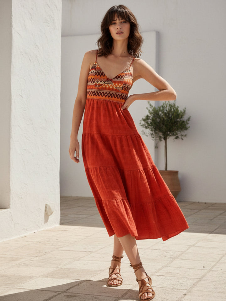 Orange Shoulder Strap Back Bow Tiered Dress