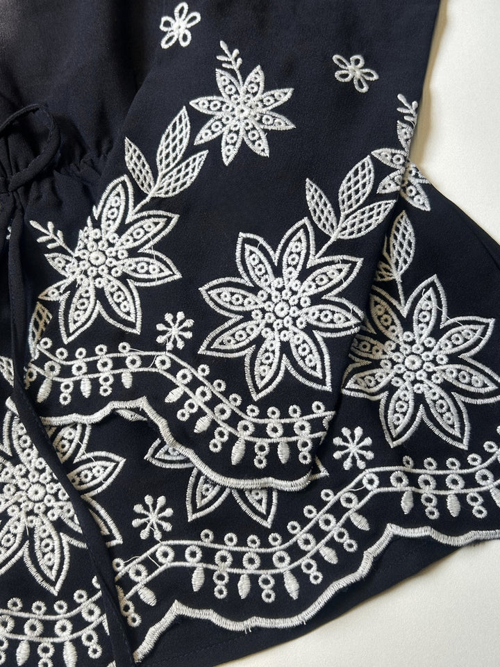 Navy Blue Floral Border Deep V Neck  Blouse