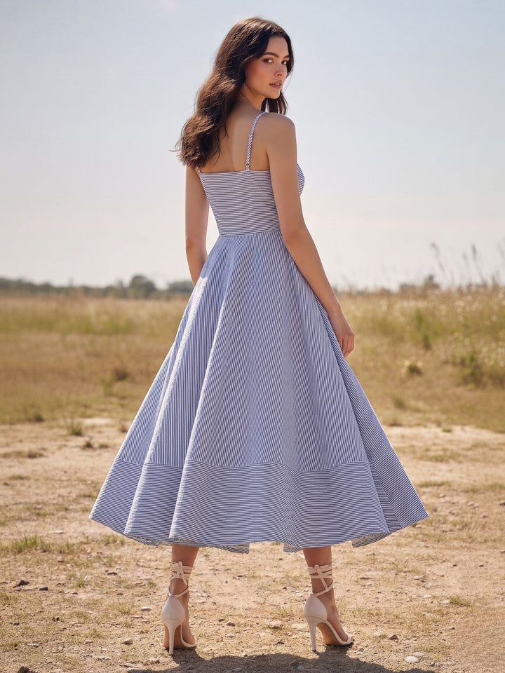 Blue Midi Yarndyed Dress With Cutout Floral Applique Detail