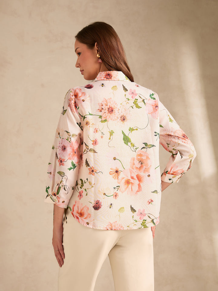 Off-White Regular Fit Printed Shirt with Pintuck Details