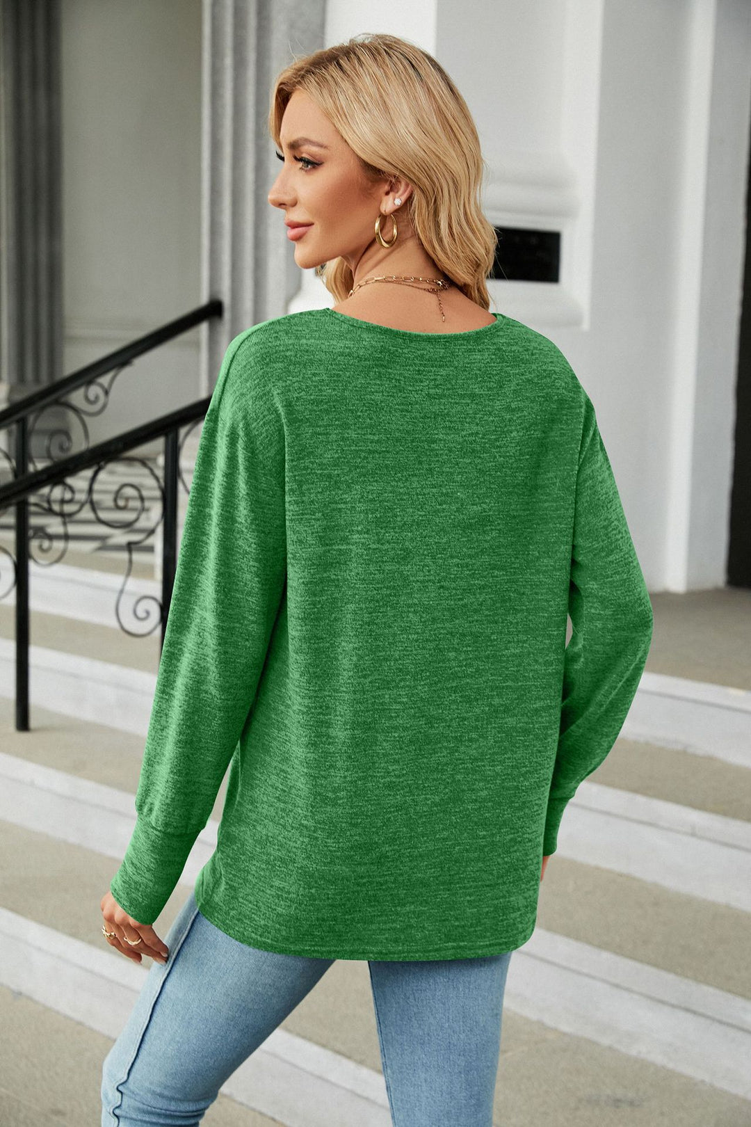 Green Full Sleeves V Neck Top