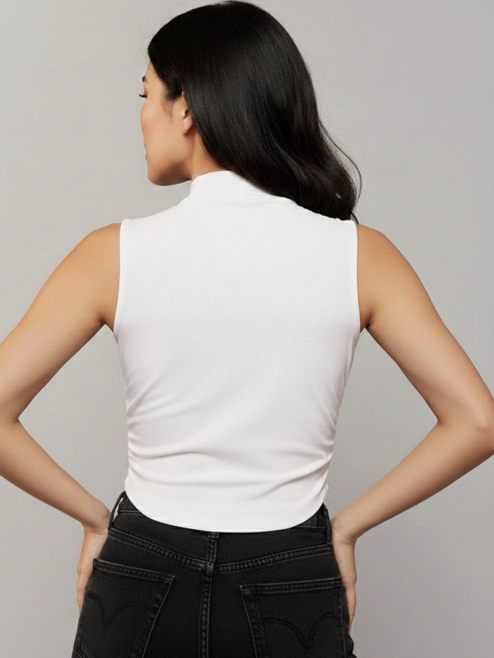 White High Neck Side Ruched Top
