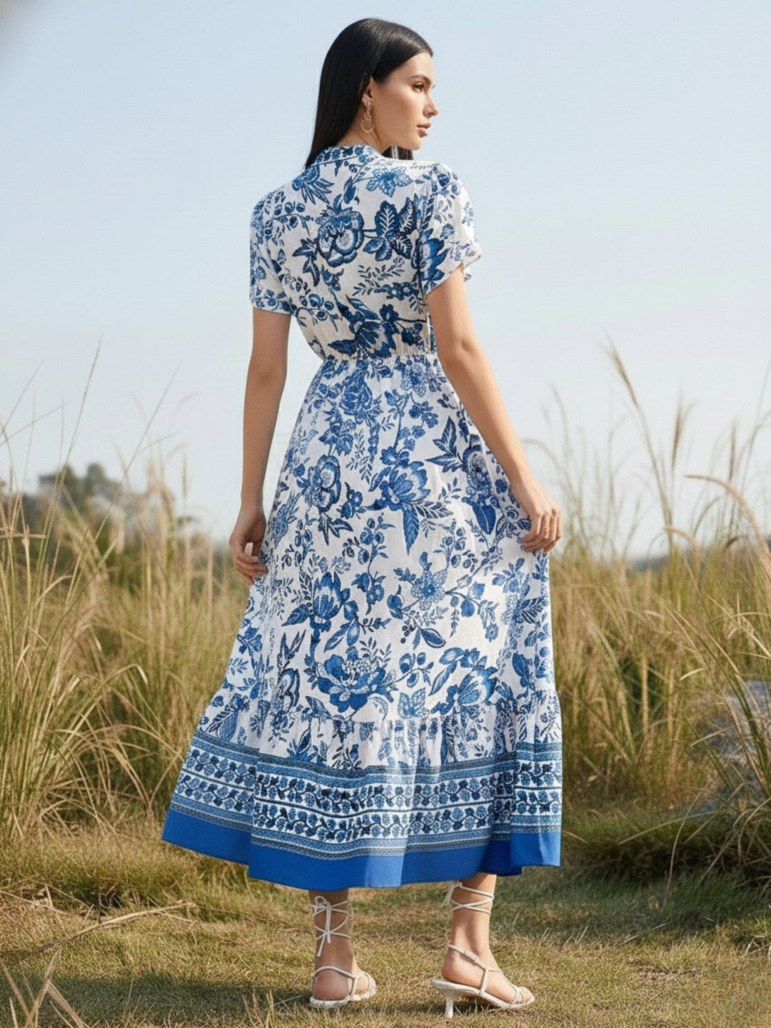 Blue Short Sleeve Collared Neck Printed Dress