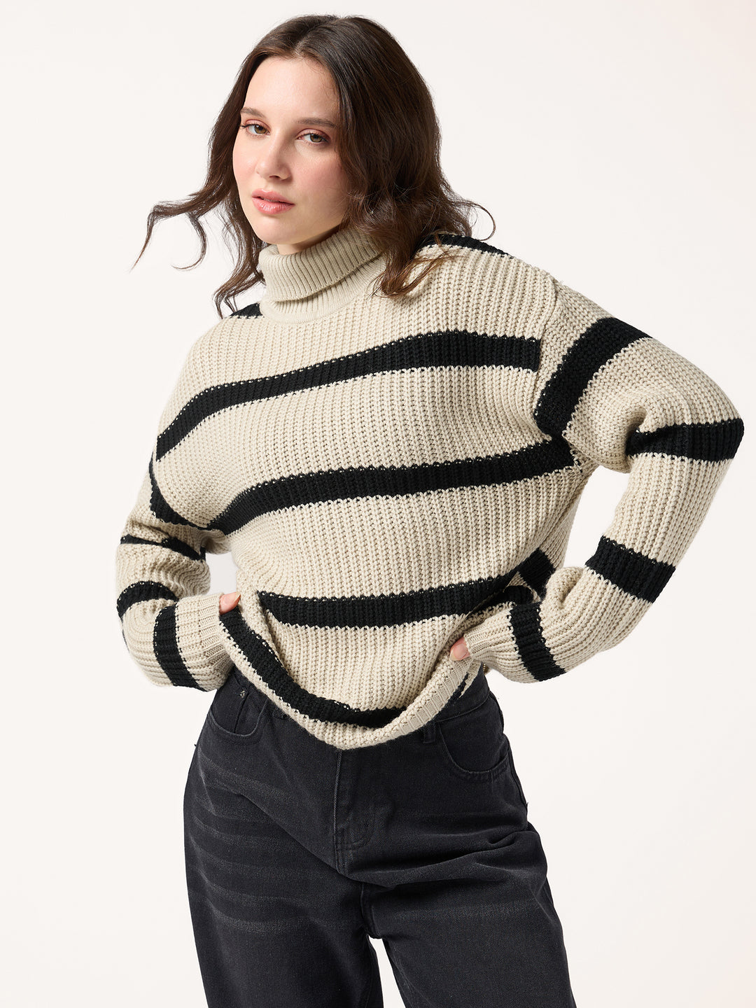 Beige High Neck Striper Sweater