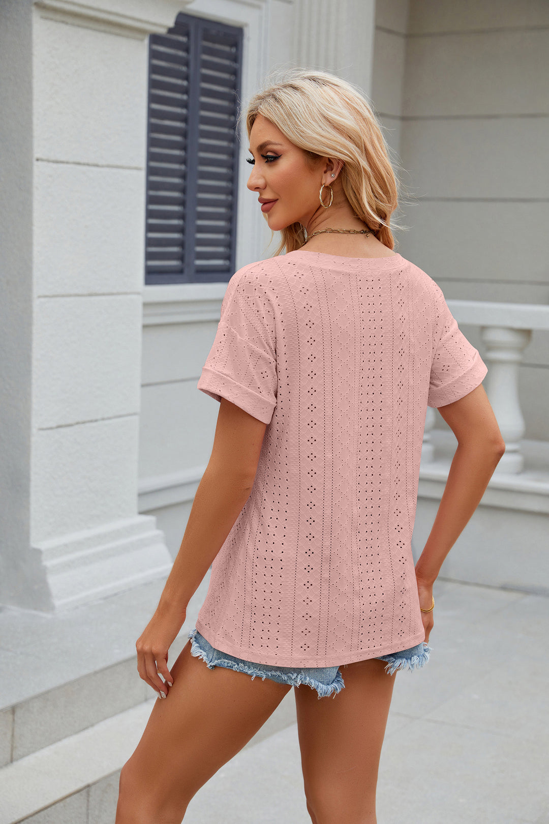 Pink Short Sleeves V Neck Top