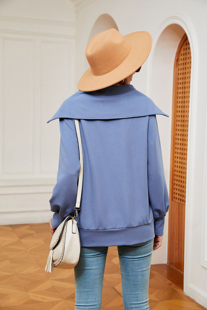 Blue Full Sleeves Big Collar Half Zip Sweatshirt