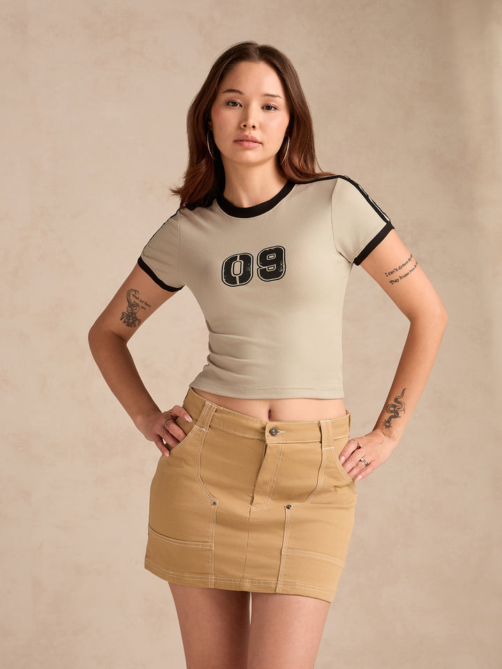 Beige Graphic Fitted T-Shirt