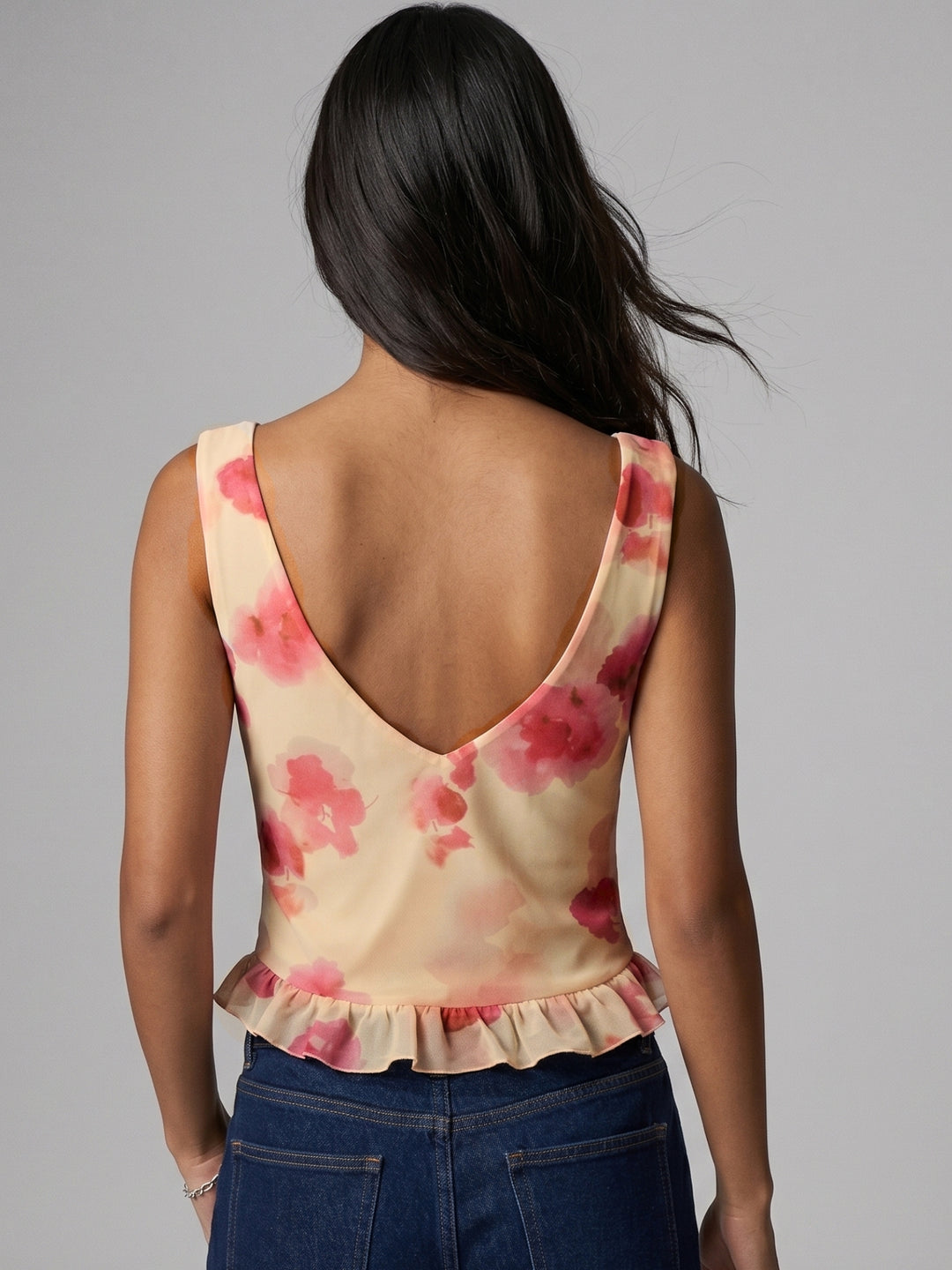 Multi Floral Cowl Neck Mesh Top