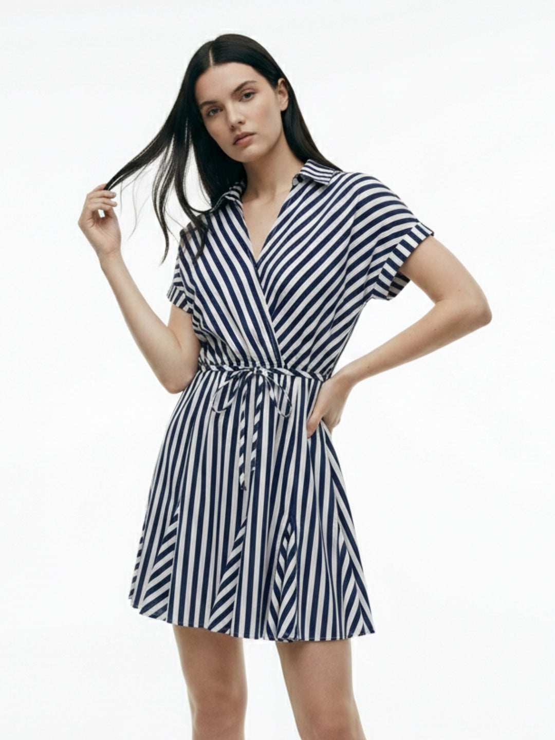 Navy Blue Short Sleeve Waist Tie-Up Striped Dress