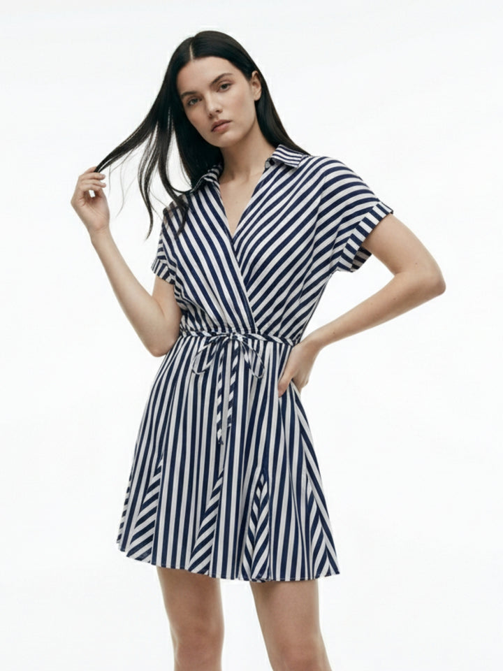 Navy Blue Short Sleeve Waist Tie-Up Striped Dress