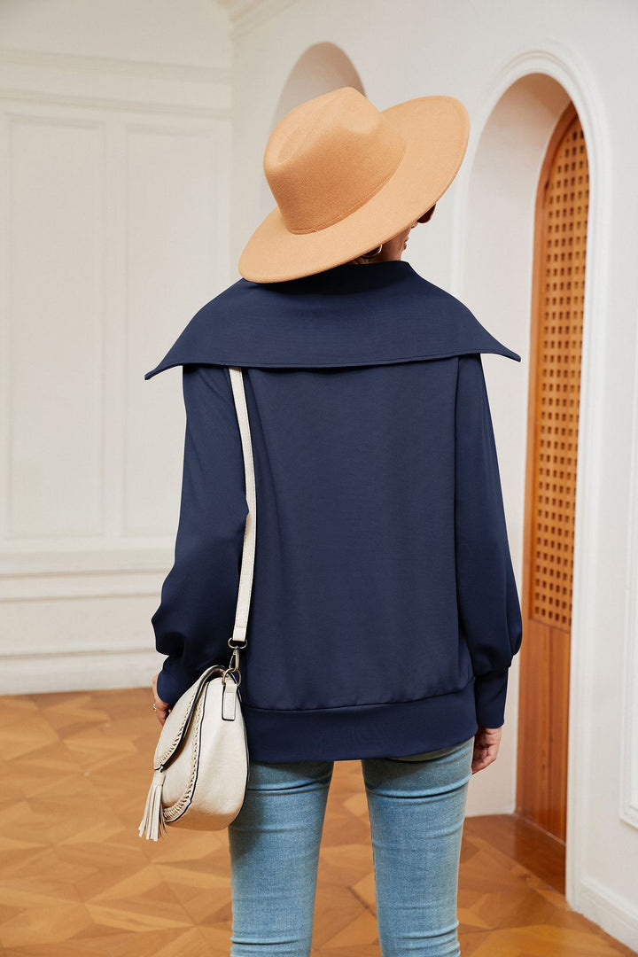 Navy Blue Full Sleeves Big Collar Half Zip Sweatshirt