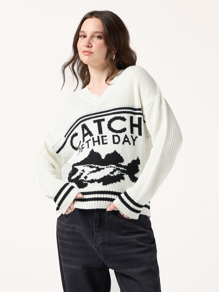 Off White V Neck Graphic Sweater