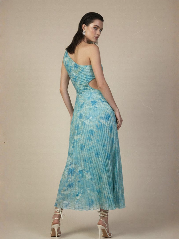 Green One Shoulder Waist Cut-Out Pleated Dress