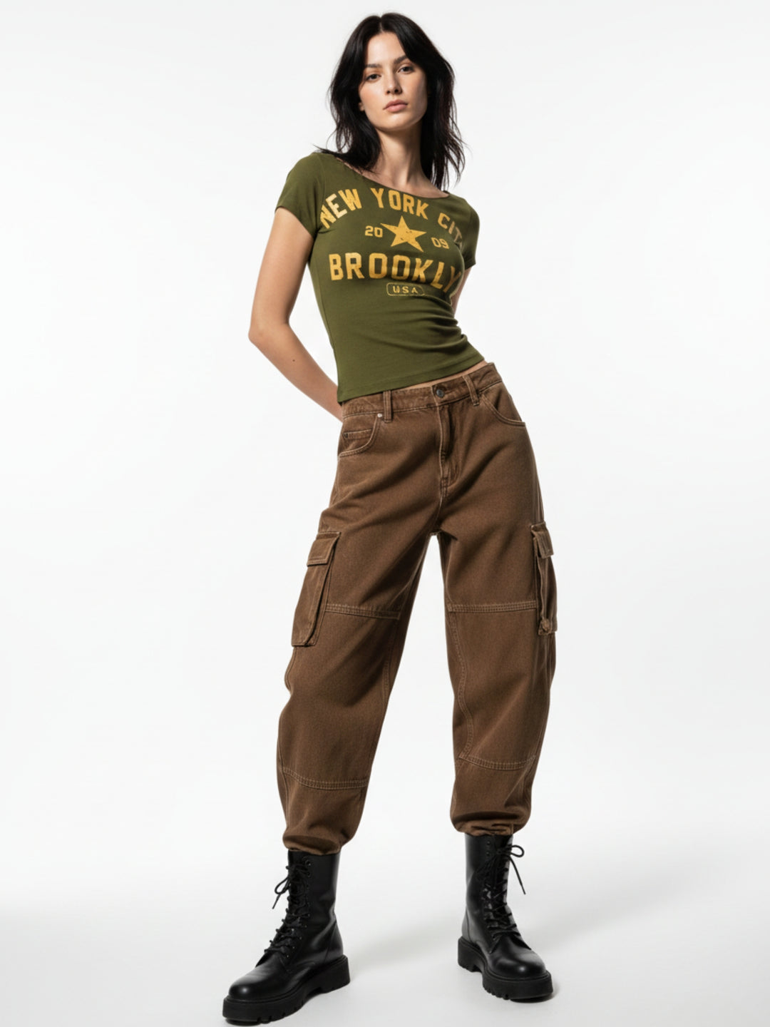 Olive Off-Shoulder Raw Edge Printed T-Shirt