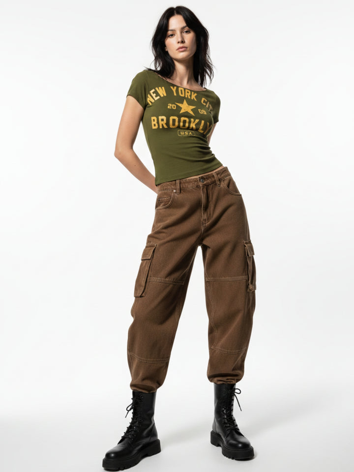 Olive Off-Shoulder Raw Edge Printed T-Shirt
