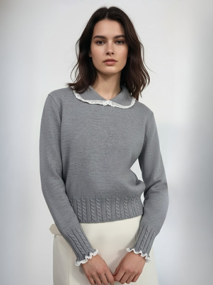 Grey Puff Sleeve Collared Neck Lace Trim Sweater