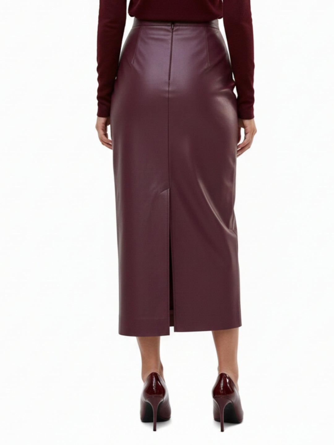 Burgundy High Waist Fitted Pu Skirt