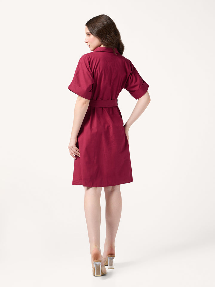 Wine Shirt Dress With Print And Belt Detail