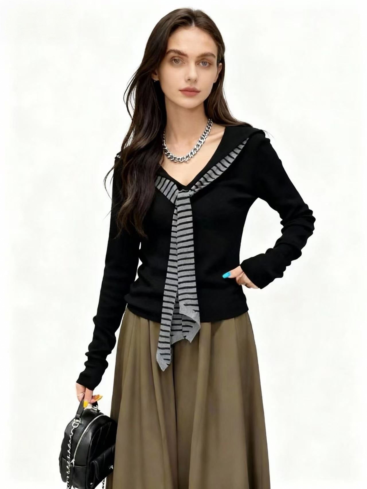 Black Full Sleeve V Neck Tie Up Top