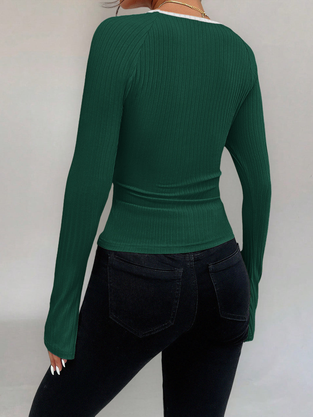 Green Contrast Tipping Neck Top