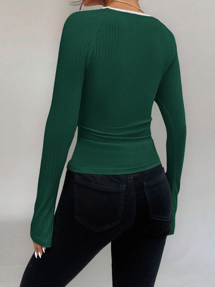 Green Contrast Tipping Neck Top