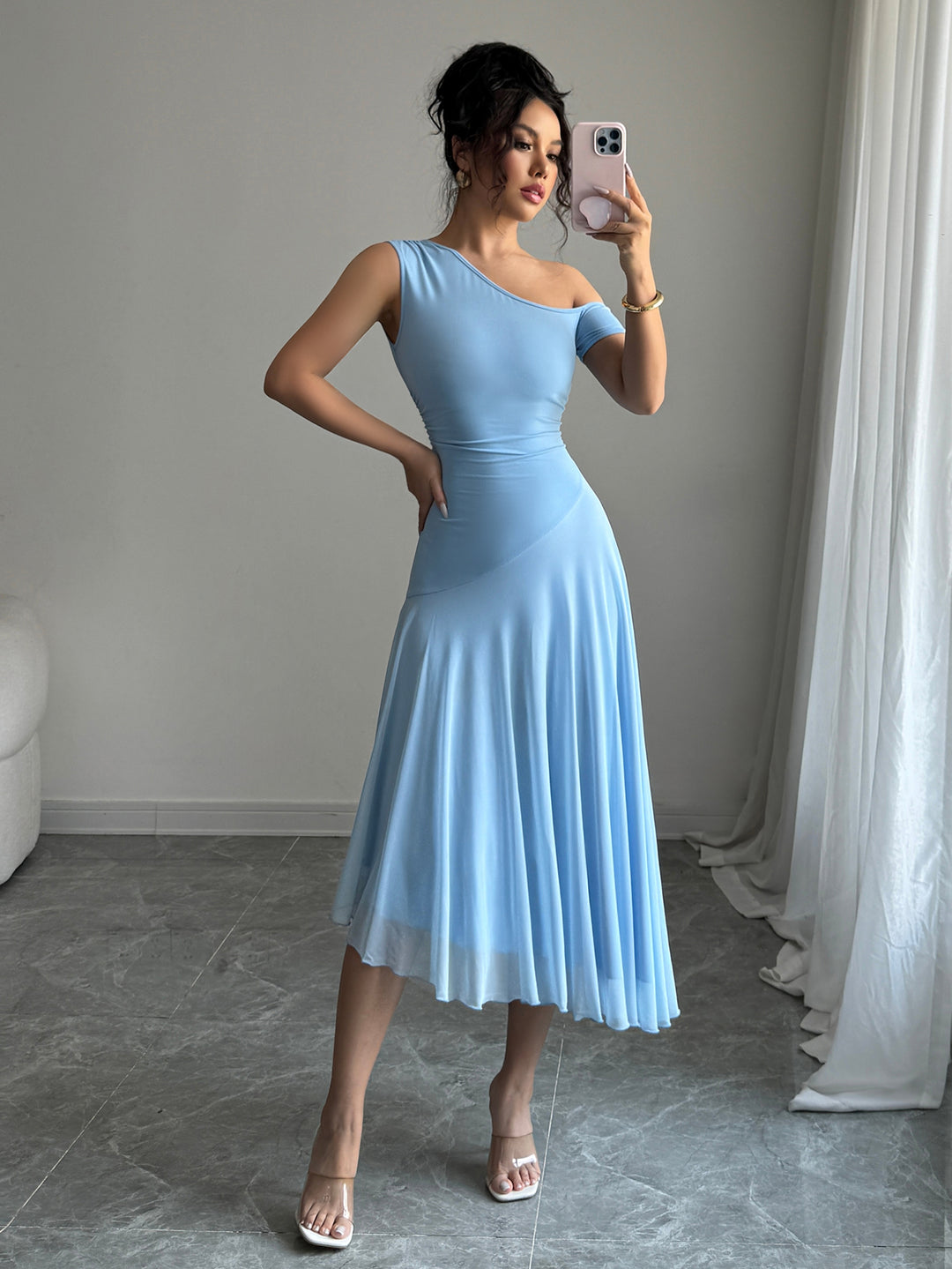 Blue One Shoulder Sleeveless Pleated Dress